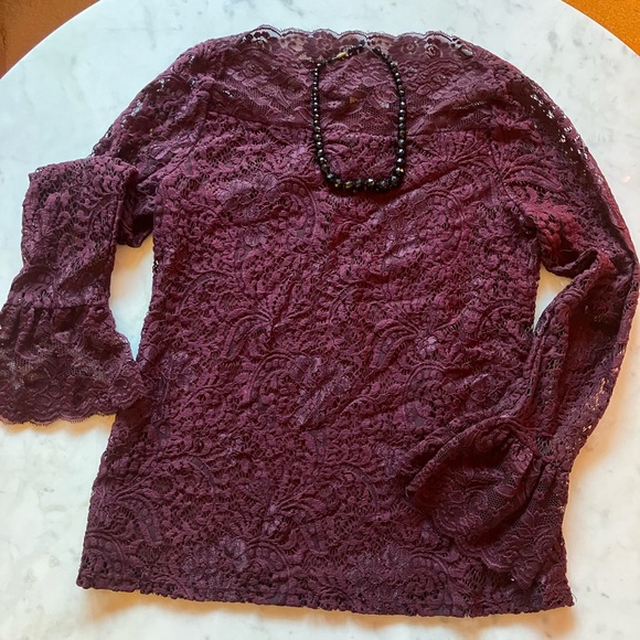 Elegant Burgundy Lace Bell Sleeve Top - Picture 2 of 10